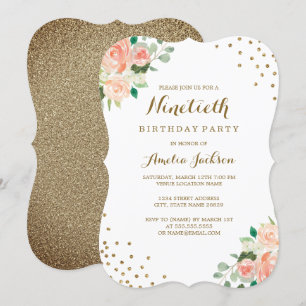 Invitation Peach Gold Floral Confetti 90ème anniversaire