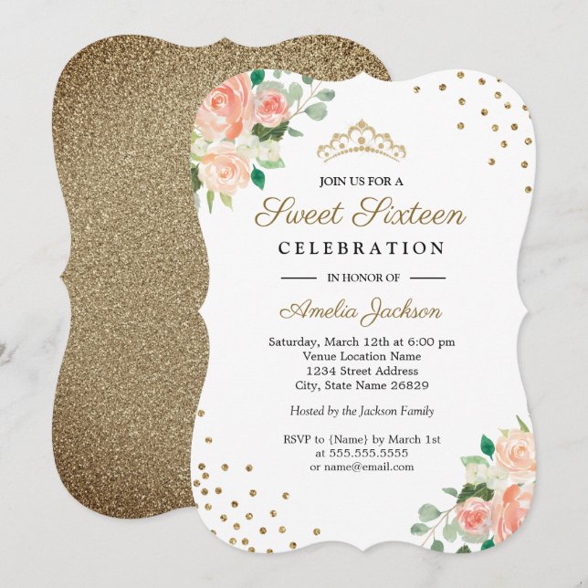 Invitation Peach Gold Floral Confetti pour un Swee (Devant / Derrière)
