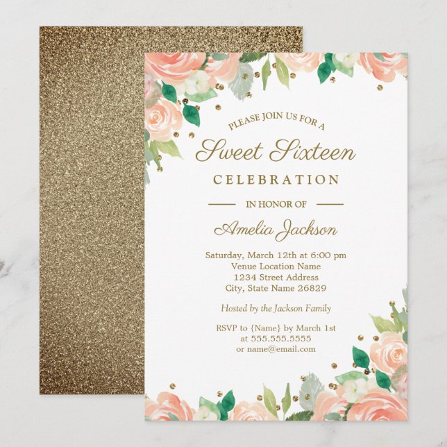 Invitation Peach Gold Glitter Floral pour une Swee (Devant / Derrière)