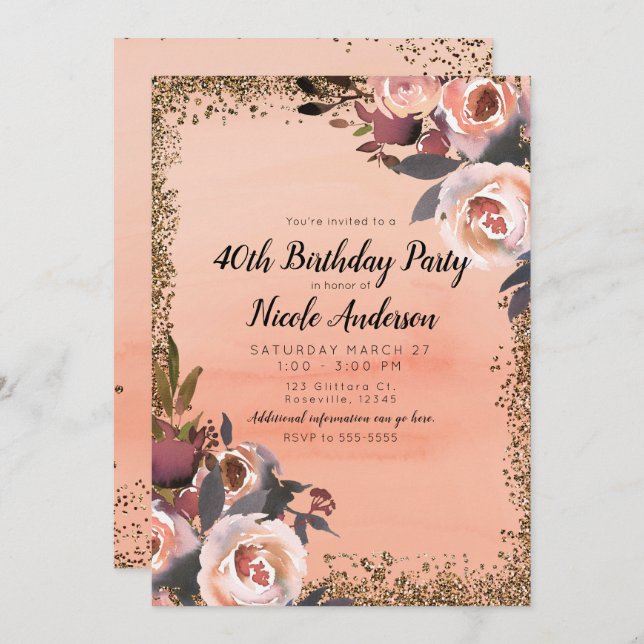 Invitation Peach & Gold Parties scintillant Floral moderne fê (Devant / Derrière)
