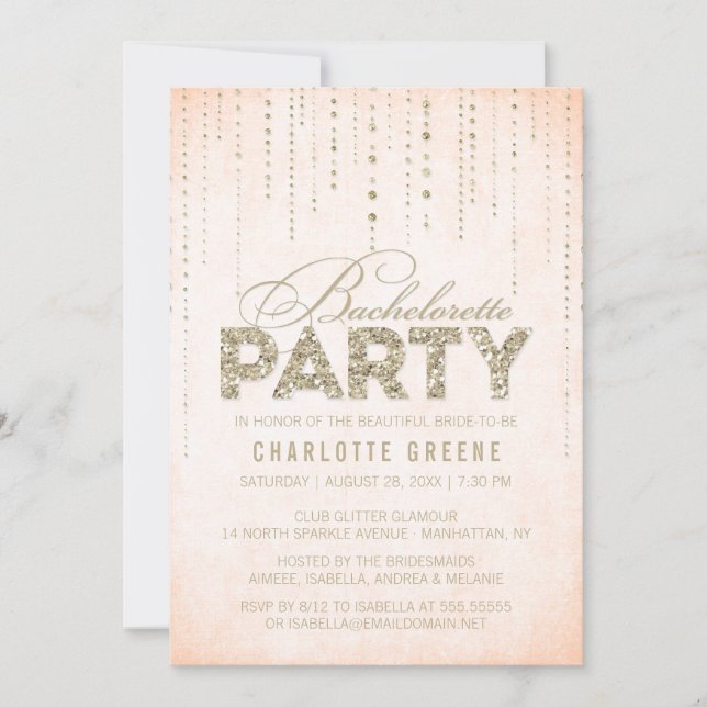 Invitation Peach & Gold Parties scintillant Look Bachelorette (Devant)