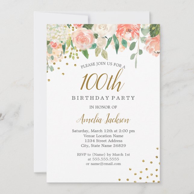 Invitation Peach Gold Watercolor Floral 100e fête d'anniversa (Devant)