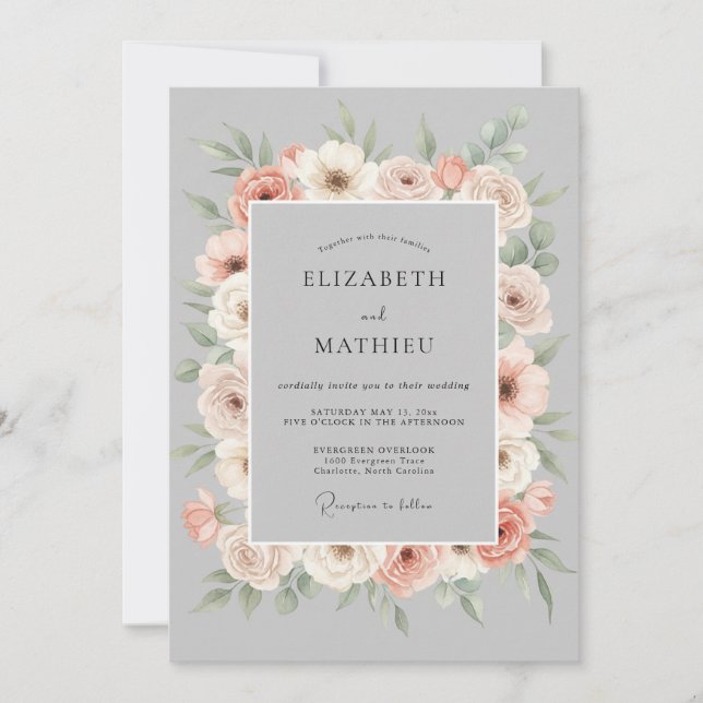 Invitation Peach Gray Floral Romance Wedding (Devant)