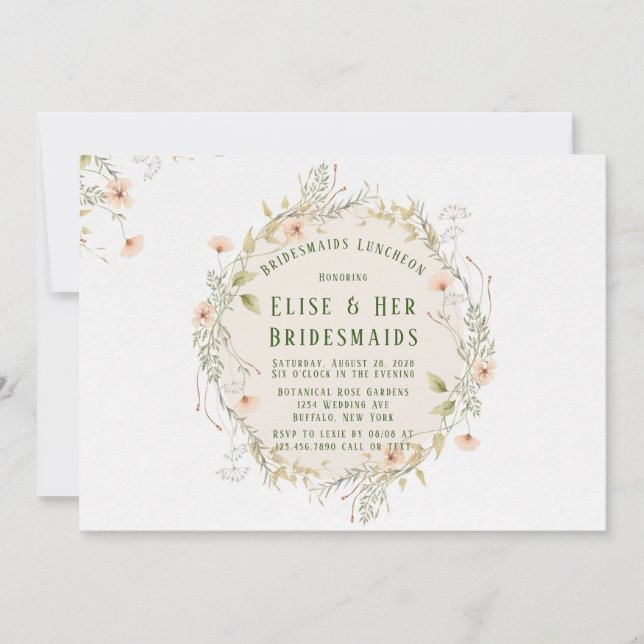 Invitation Peach Green Fleurs sauvages Wreath Bridesmaids Déj (Devant)