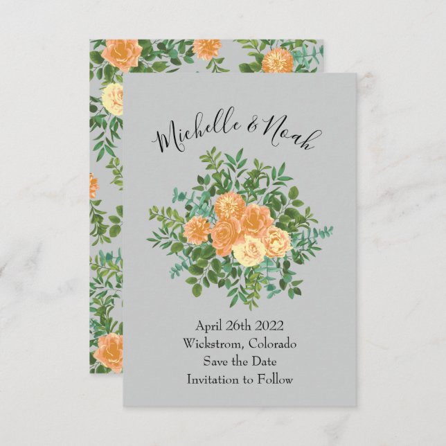 Invitation Peach Grey Mariage Spring Floral (Devant / Derrière)