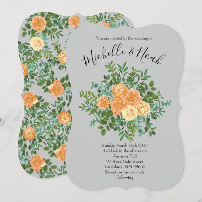 Invitation Peach Grey Mariage Spring Floral (Devant / Derrière)