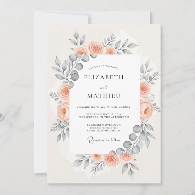Invitation Peach Harmonious Botanical Wedding (Devant)