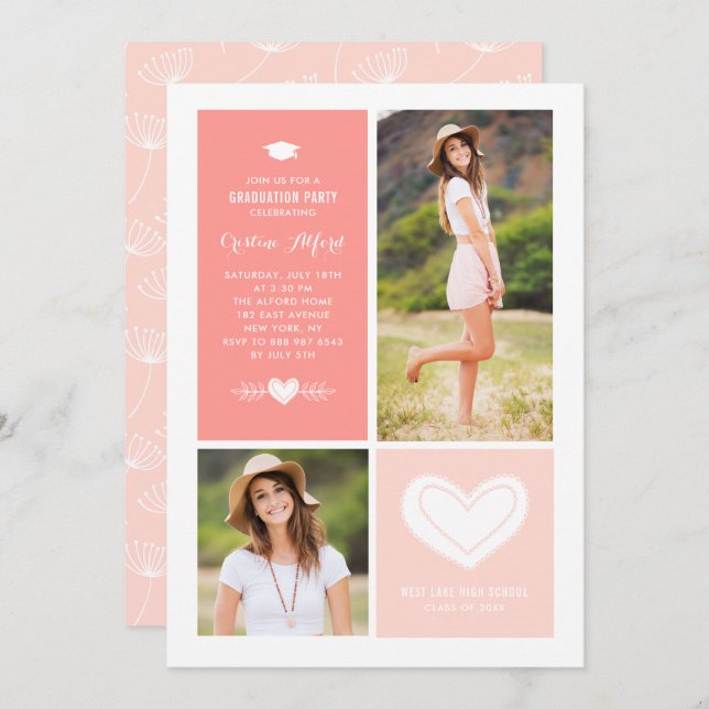 Invitation Peach Heart Doodles Photo Collage Graduation (Devant / Derrière)