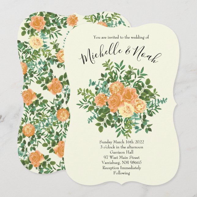 Invitation Peach Ivory Mariage Rose Vintage (Devant / Derrière)