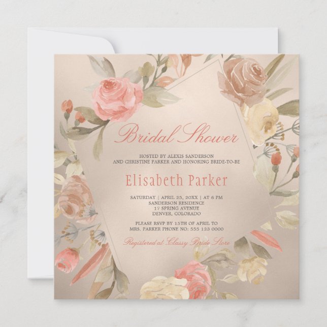 Invitation Peach Luxury Faux Gold Foil Fête des mariées Flora (Devant)