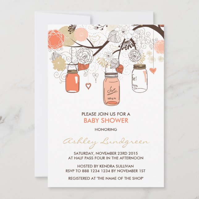 Invitation Peach Mason Jars Baby shower de printemps Invitati (Devant)