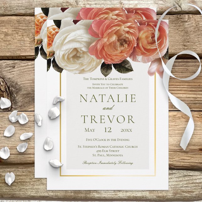 Invitation Peach Mimosa Blooms Floral Blanc Mariage (Créateur téléchargé)