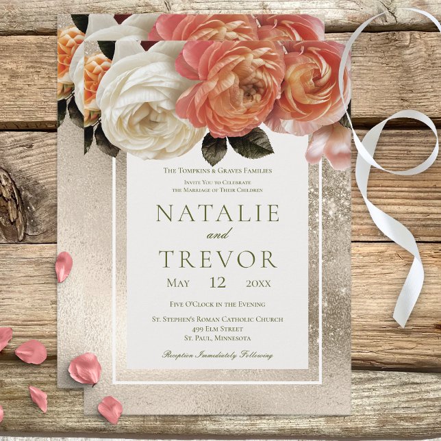 Invitation Peach Mimosa Blooms Gold Floral Mariage (Créateur téléchargé)