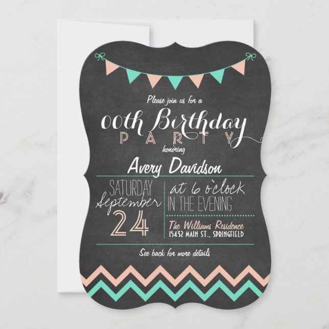 Invitation Peach & Mint Green Chalkboard fête d'anniversaire (Devant)