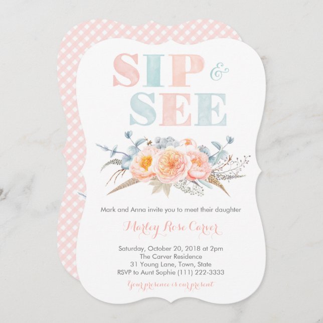 Invitation Peach Mint Meet Baby Girl or Sip and See Party (Devant / Derrière)