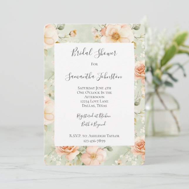 Invitation Peach Mint Pretty Rose Floral Bridal Shower (Debout devant)