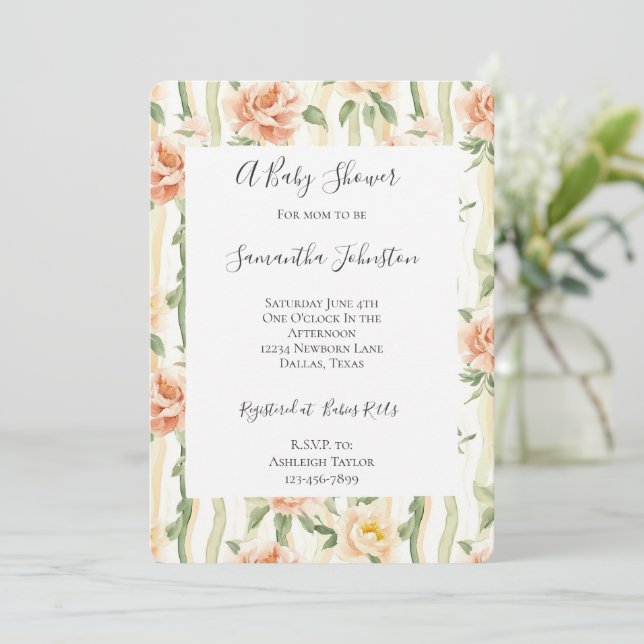 Invitation Peach Mint Roses Floral Stripes Baby Shower (Debout devant)