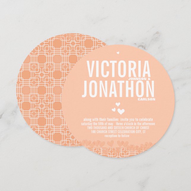 Invitation Peach Modern HeartsTypographie Mariage (Devant / Derrière)