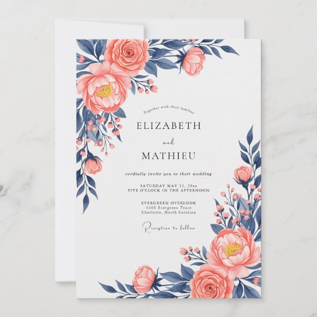 Invitation Peach Navy Exquisite Floral Wedding (Devant)