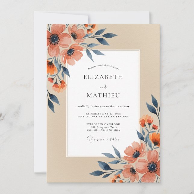Invitation Peach Navy Refined Autumn Wedding (Devant)