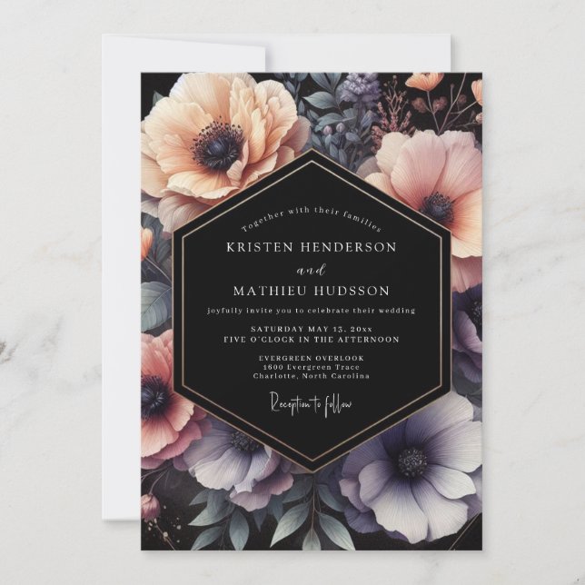 Invitation Peach Noir Floral Wedding (Devant)