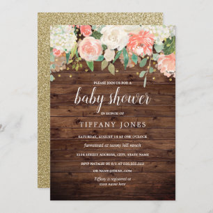 Invitation Peach or Floral Aquarelle Baby shower en bois