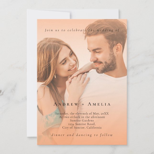 Invitation Peach Orange Fuzz Elegant Photo QR Code Mariage (Devant)