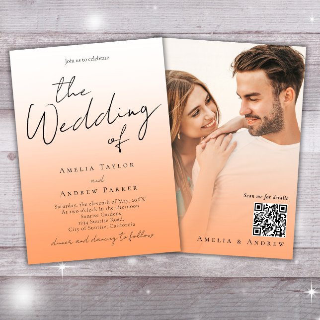 Invitation Peach Orange Fuzz Elegant Photo QR Code Mariage (Créateur téléchargé)