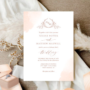 Invitation Peach Orange Watercolor Stains Monogram Mariage
