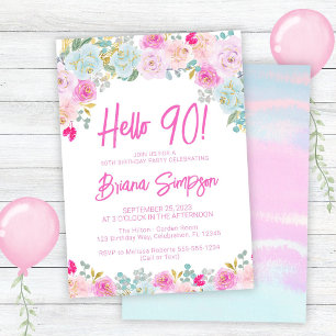 Invitation Peach Peach Rose Floral 90e fête d'anniversaire