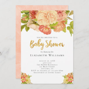 Invitation Peach Peonies Aquarelle Fleurs Fille Baby shower