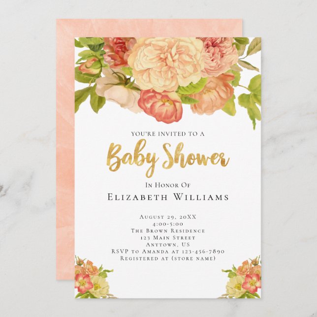 Invitation Peach Peonies Aquarelle Fleurs Fille Baby shower (Devant / Derrière)