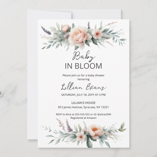 Invitation Peach Peonies doux bébé dans le Baby shower en fle (Devant)
