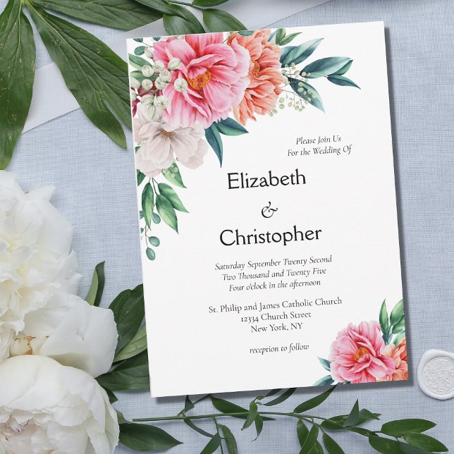 Invitation Peach Peony Peonies Floral Eucalyptus Mariage (Créateur téléchargé)