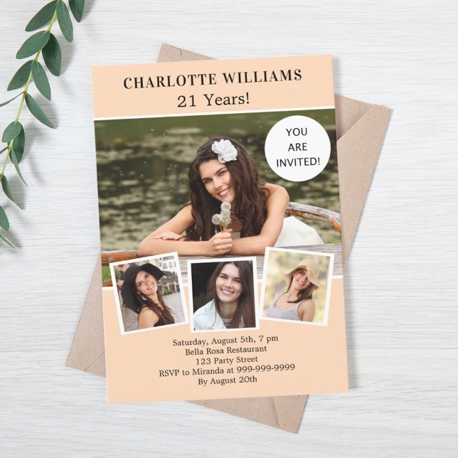 Invitation Peach photo collage luxe anniversaire (Créateur téléchargé)