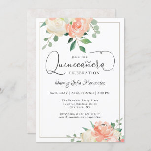Invitation Peach Pink and White Elegant Quinceanera Party