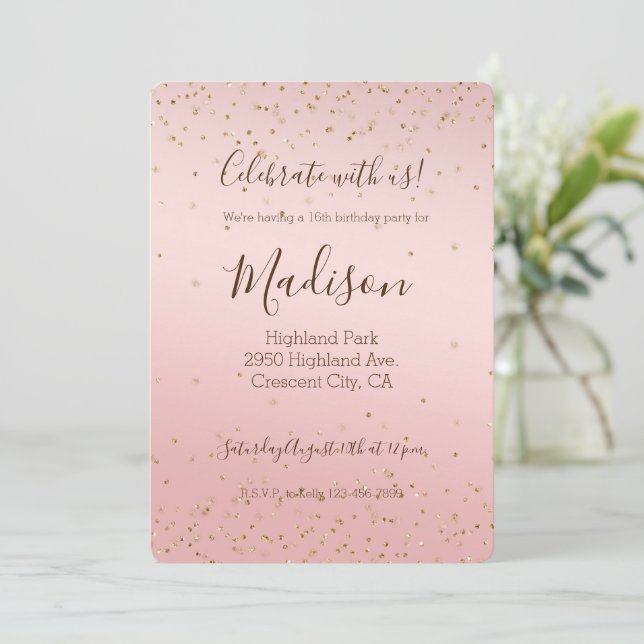 Invitation Peach Pink Blush Gold Glitz Confetti Étincelle (Debout devant)