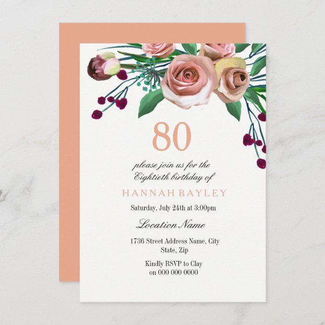 Invitation Peach Pink Burgundy Rose 80e anniversaire Invitati (Devant / Derrière)
