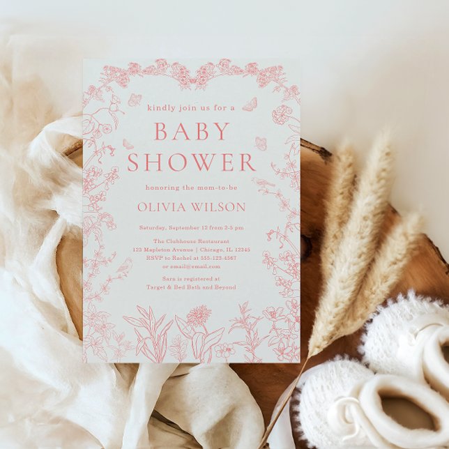 Invitation Peach Pink Garden Chinoiserie Baby shower (Peach Pink Garden Chinoiserie Baby Shower Invitation)