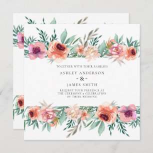 Invitation Peach & Pink Watercolor Flowers Mariage moderne