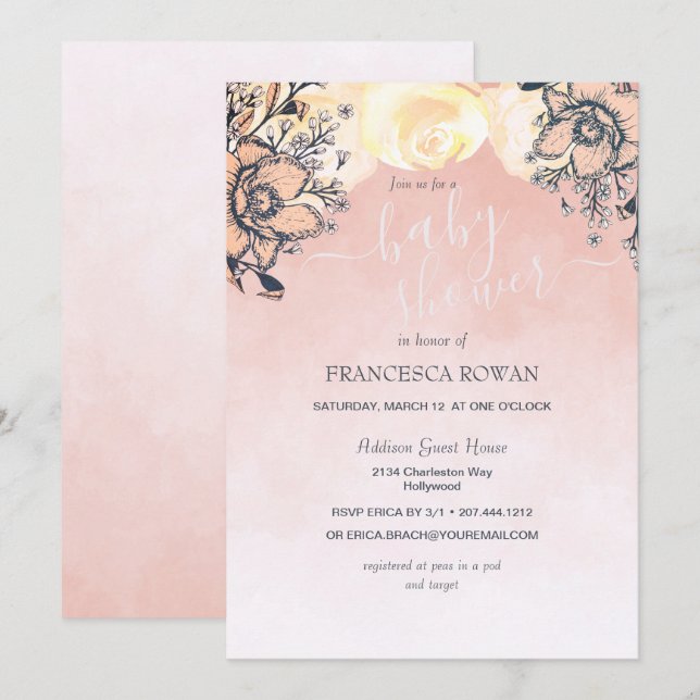 Invitation Peach Poppy + Baby shower Rose (Devant / Derrière)