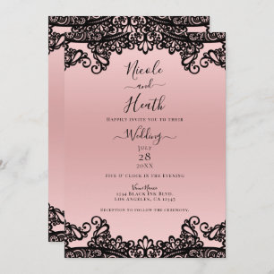 Invitation Peach Rose Black Enk dentelle élégante Mariage