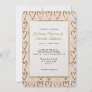 Invitation Peach rose et Gold Hearts Mariage