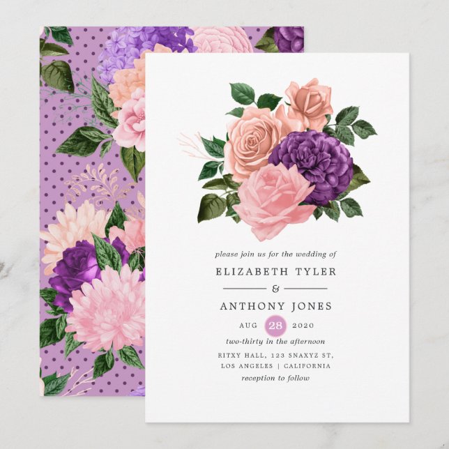 Invitation Peach rose et Lavender violet Mariage floral (Devant / Derrière)