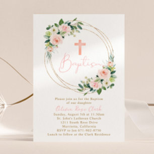 Invitation Peach rose Floral Baptême Or Cadre