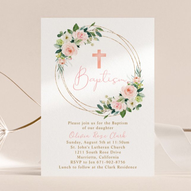 Invitation Peach rose Floral Baptême Or Cadre (Créateur téléchargé)