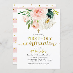 Invitation Peach rose Floral First Holy Communion Card