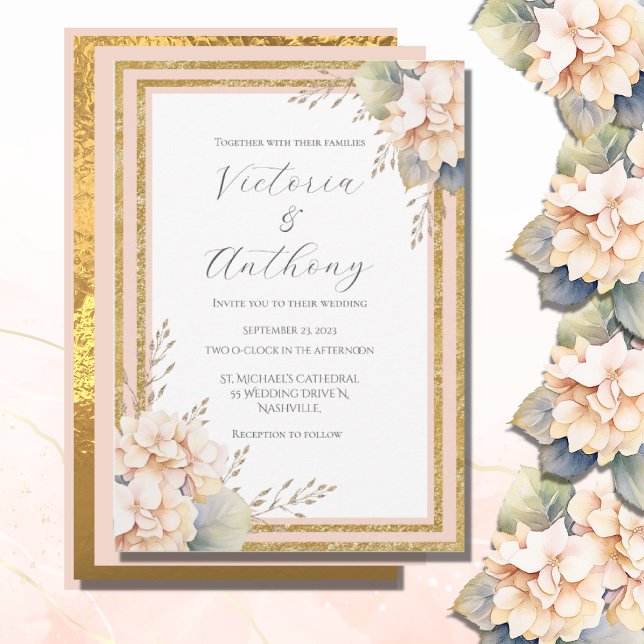 Invitation Peach rose Floral Hydrangea Or Mariage moderne (Créateur téléchargé)