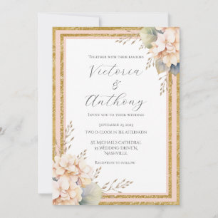 Invitation Peach rose Floral Peony Or Mariage moderne