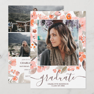 Invitation Peach rose floral vert script graduation photo